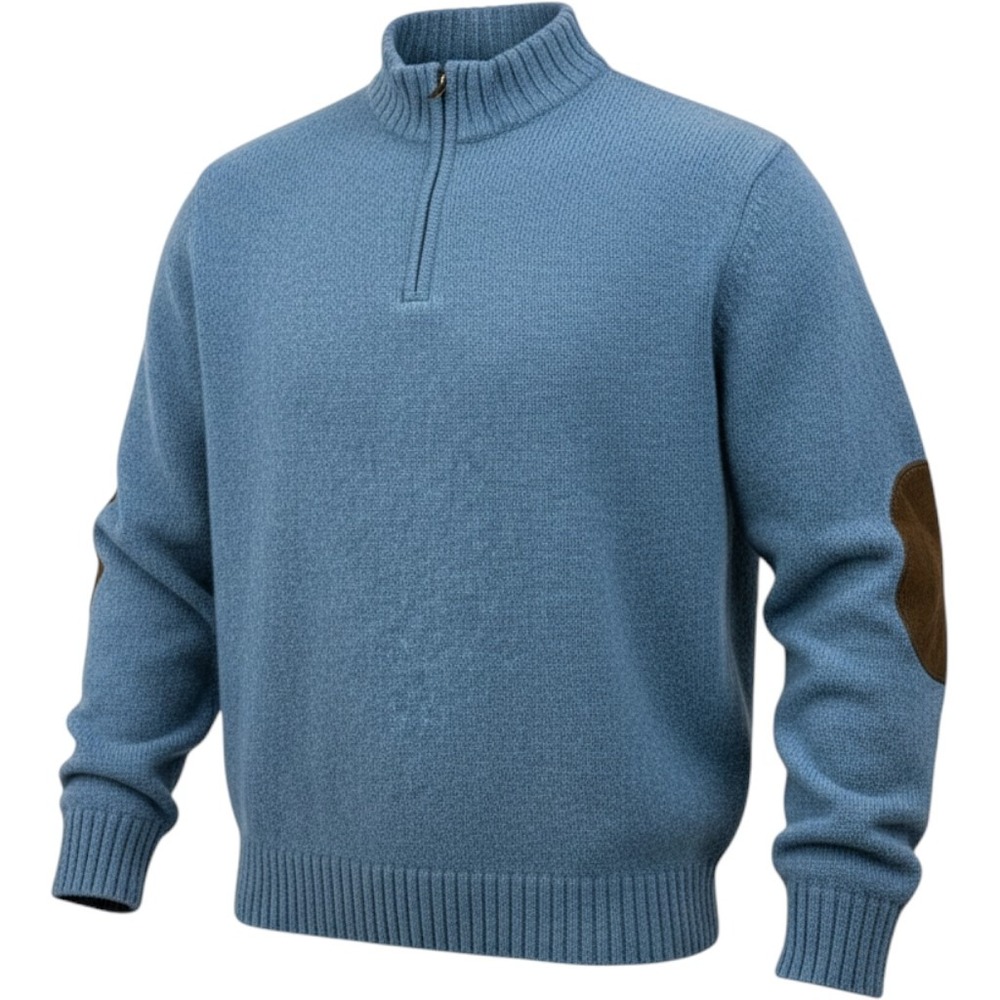 LL Bean 100% Shetland Wool Blue Sweater Elbow Patches Quarter Zip X-Large